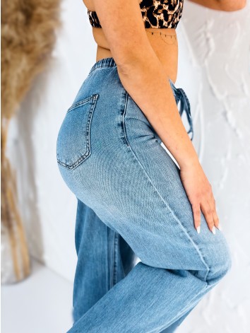 Dámske široké modré rifle s gumičkou v páse a viazaním