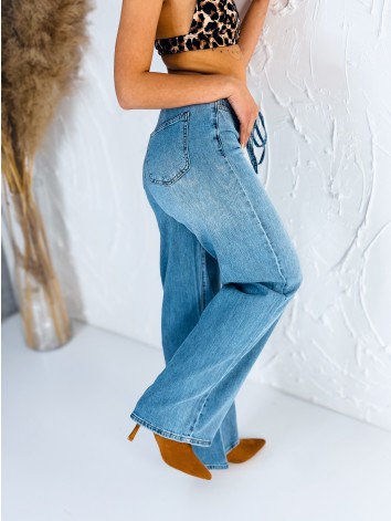 Dámske široké modré rifle s gumičkou v páse a viazaním