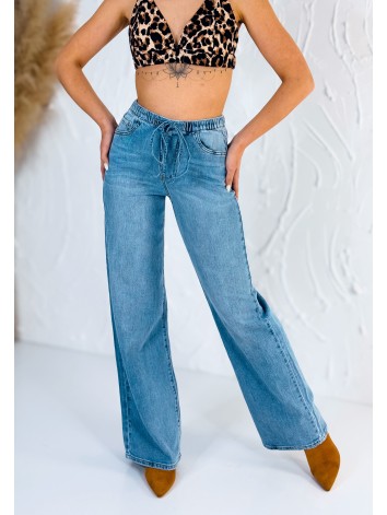 Dámske široké modré rifle s gumičkou v páse a viazaním