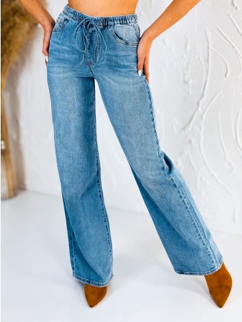 Dámske široké modré rifle s gumičkou v páse a viazaním