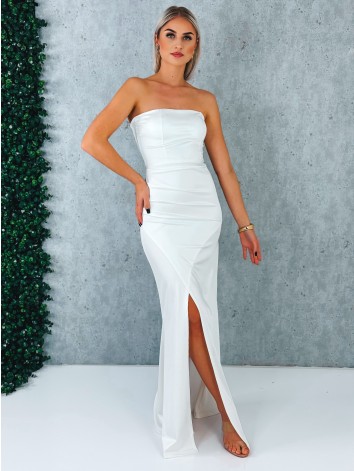 Dámske spoločenské priliehavé šaty s viazačkou a riasením na zadnej časti Princess - biele