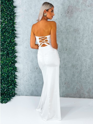 Dámske spoločenské priliehavé šaty s viazačkou a riasením na zadnej časti Princess - biele