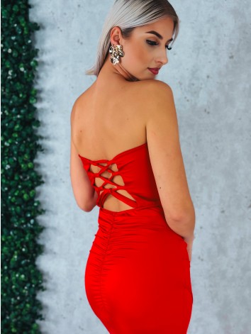 Dámske spoločenské priliehavé šaty s viazačkou a riasením na zadnej časti Princess - červené