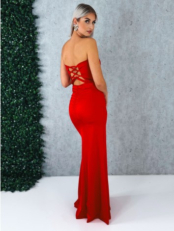 Dámske spoločenské priliehavé šaty s viazačkou a riasením na zadnej časti Princess - červené