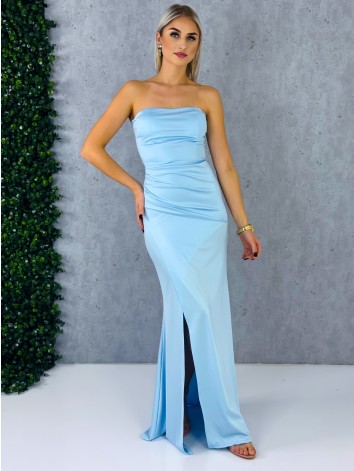 Dámske spoločenské priliehavé šaty s viazačkou a riasením na zadnej časti Princess - svetlomodré