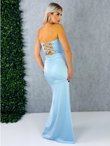 Dámske spoločenské priliehavé šaty s viazačkou a riasením na zadnej časti Princess - svetlomodré