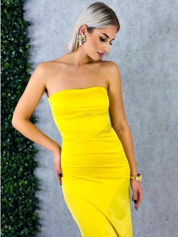 Dámske spoločenské priliehavé šaty s viazačkou a riasením na zadnej časti Princess - žlté