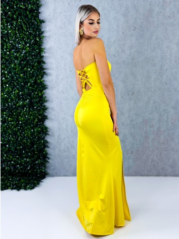 Dámske spoločenské priliehavé šaty s viazačkou a riasením na zadnej časti Princess - žlté
