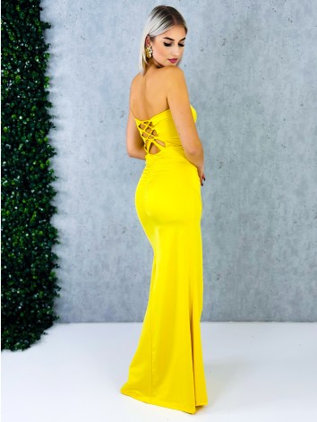 Dámske spoločenské priliehavé šaty s viazačkou a riasením na zadnej časti Princess - žlté