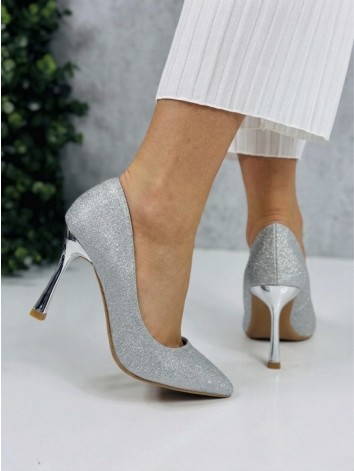 Dámske strieborné trblietavé lodičky na striebornom opätku