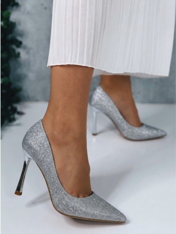 Dámske strieborné trblietavé lodičky na striebornom opätku