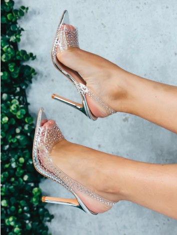 Dámske strieborné transparentné sandále s kamienkami