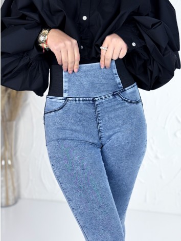 Dámske svetlo modré elastické rifle s gumičkou v páse