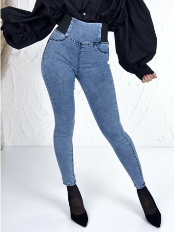 Dámske svetlo modré elastické rifle s gumičkou v páse