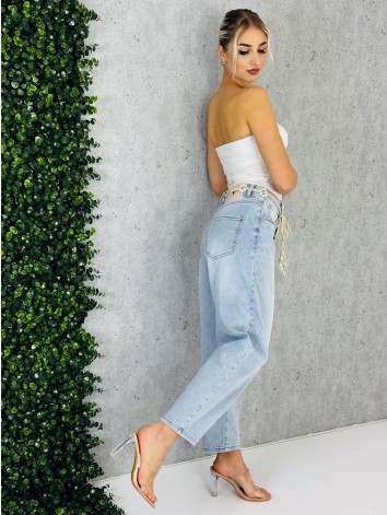 Dámske svetlomodré baggy široké rifle s perlovým opaskom