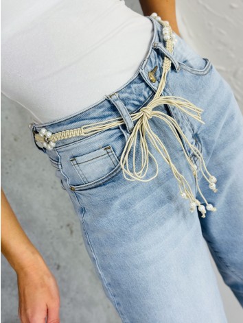 Dámske svetlomodré baggy široké rifle s perlovým opaskom