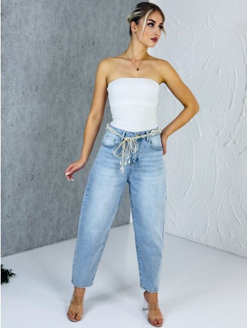 Dámske svetlomodré baggy široké rifle s perlovým opaskom