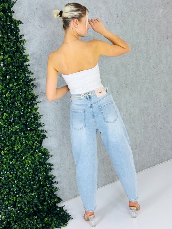 Dámske svetlomodré baggy široké rifle s perlovým opaskom