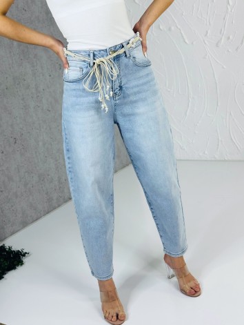 Dámske svetlomodré baggy široké rifle s perlovým opaskom