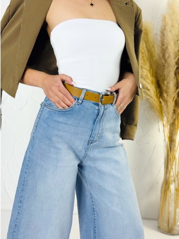 Dámske svetlomodré široké capri rifle s vysokým pásom a opaskom