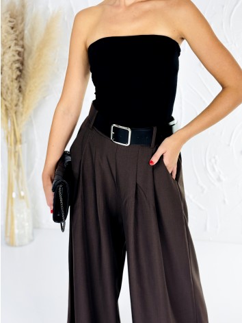 Dámske tmavo hnedé široké nohavice s opaskom