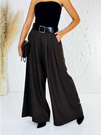 Dámske tmavo hnedé široké nohavice s opaskom