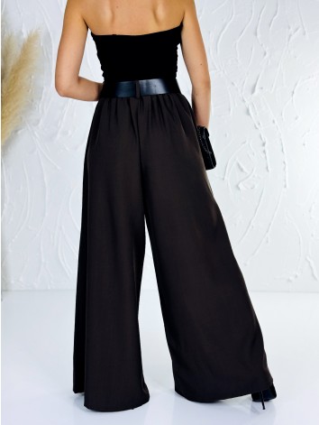 Dámske tmavo hnedé široké nohavice s opaskom