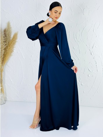 Dámske tmavomodré dlhé spoloenské šaty s rozparkom pre moletky Olia