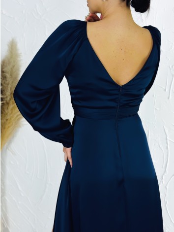 Dámske tmavomodré dlhé spoločenské šaty s rozparkom pre moletky Olia