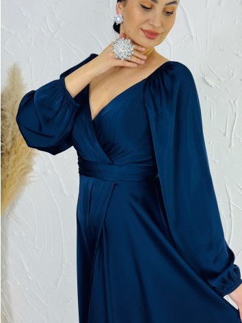 Dámske tmavomodré dlhé spoločenské šaty s rozparkom pre moletky Olia