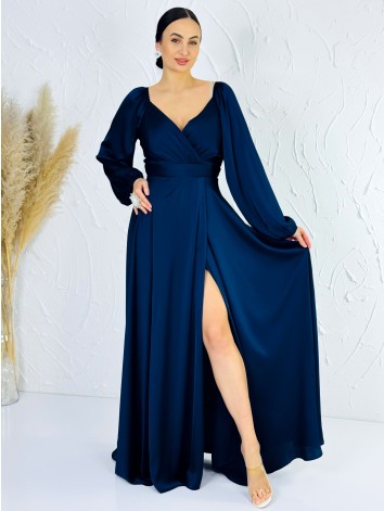 Dámske tmavomodré dlhé spoloenské šaty s rozparkom pre moletky Olia