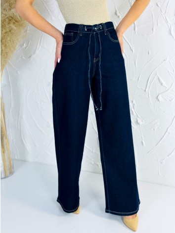 Dámske tmavomodré široké rifle s gumičkou v páse