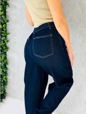 Dámske tmavomodré široké rifle s gumičkou v páse