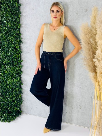 Dámske tmavomodré široké rifle s gumičkou v páse