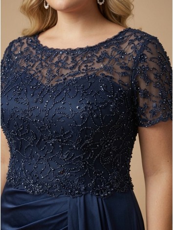 Dámske tmavomodré spoločenské šaty s kamienkami a nazberanou sukňou