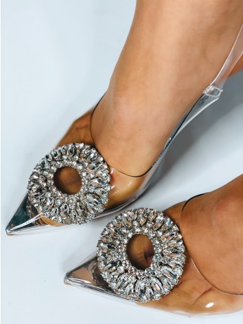 Dámske transparentné sandále na opätku s kamienkami - strieborné