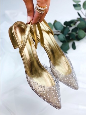 Dámske transparentné sandále s ozdobnými kamienkami - zlaté