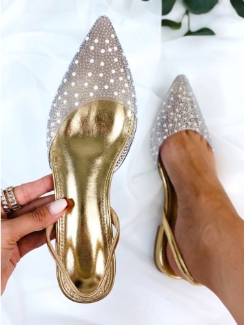 Dámske transparentné sandále s ozdobnými kamienkami - zlaté