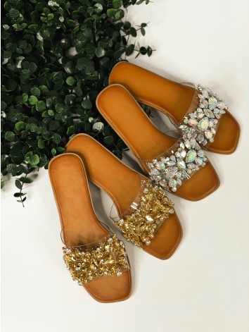 Dámske transparentné šľapky s ozdobnými kamienkami - strieborné