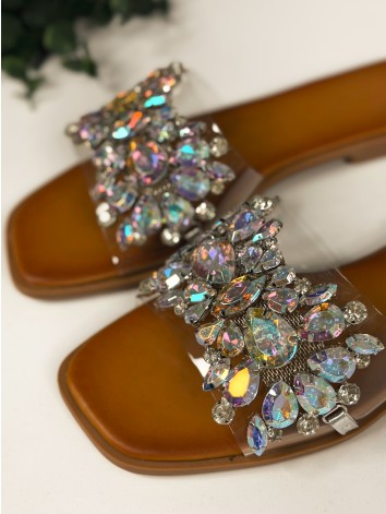 Dámske transparentné šľapky s ozdobnými kamienkami - strieborné