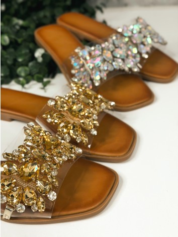 Dámske transparentné šľapky s ozdobnými kamienkami - strieborné