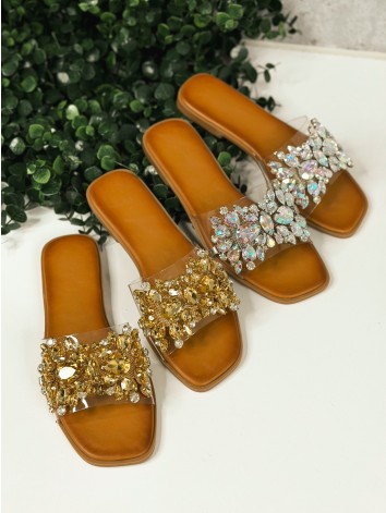 Dámske transparentné šľapky s ozdobnými kamienkami - strieborné