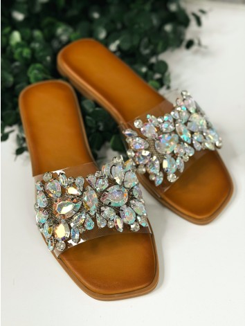 Dámske transparentné šľapky s ozdobnými kamienkami - strieborné