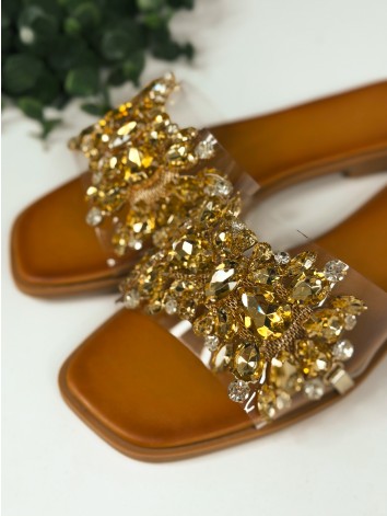 Dámske transparentné šľapky s ozdobnými kamienkami - zlaté