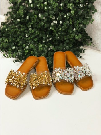 Dámske transparentné šľapky s ozdobnými kamienkami - zlaté