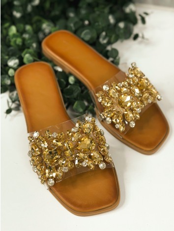 Dámske transparentné šľapky s ozdobnými kamienkami - zlaté