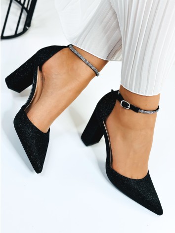 Dámske trblietavé čierne sandále na hrubom trblietavom opätku Rimea