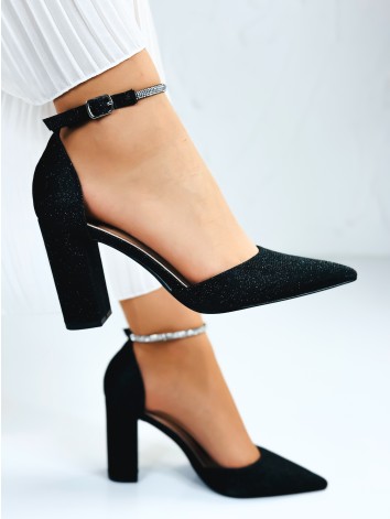 Dámske trblietavé čierne sandále na hrubom trblietavom opätku Rimea