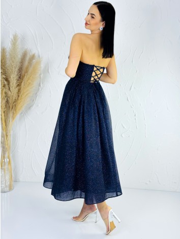 Dámske trblietavé modré midi spoločenské šaty s viazačkou