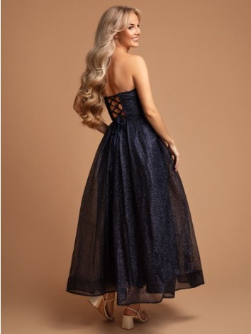 Dámske trblietavé modré midi spoločenské šaty s viazačkou